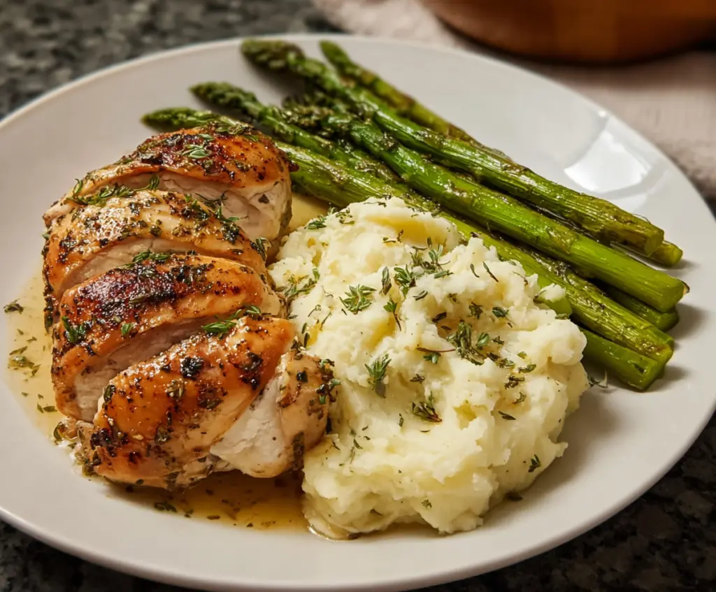 Delicious garlic herb chicken served with creamy mashed potatoes and roasted asparagus on a dinner plate.