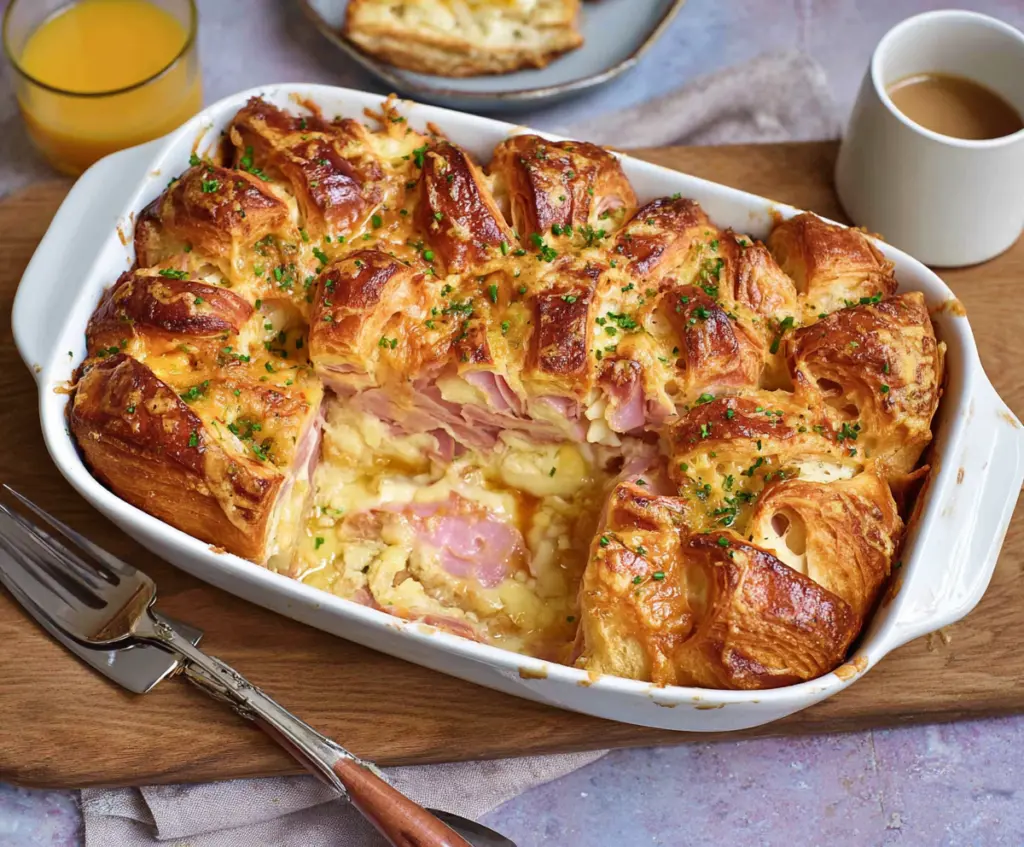 Delicious Ham and Cheese Croissant Brunch Bake with golden crust and melty cheese.
