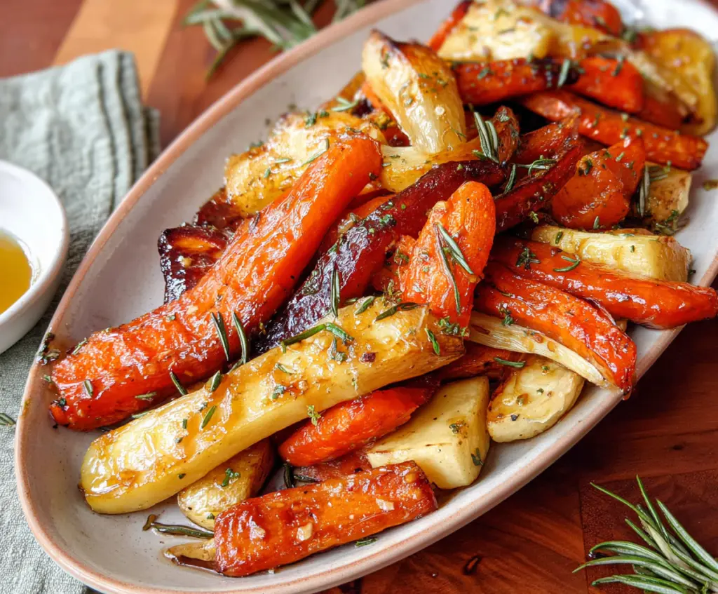 Delicious honey garlic roasted carrots and parsnips served on a rustic platter.