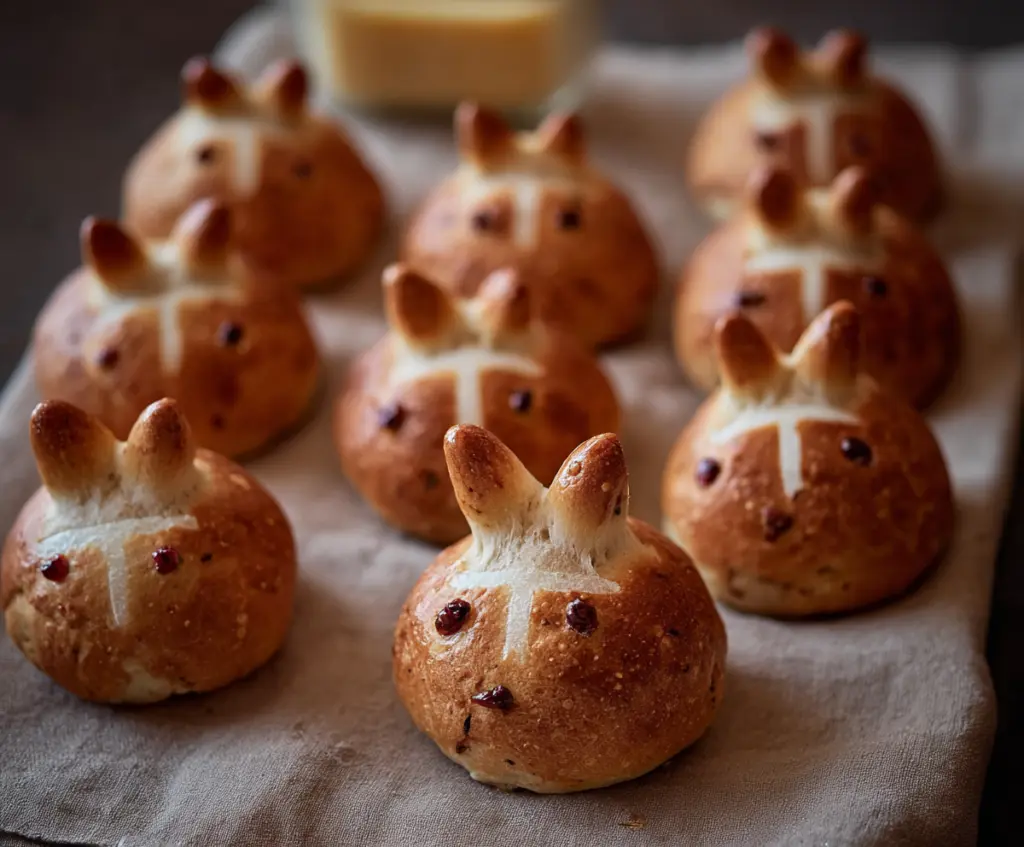 Delicious Hot Cross Bunny Rolls with icing crosses on a festive plate