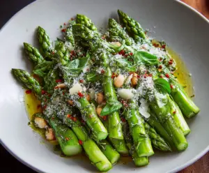 Delicious Italian asparagus salad with fresh green asparagus, cherry tomatoes, and feta cheese on a rustic plate.