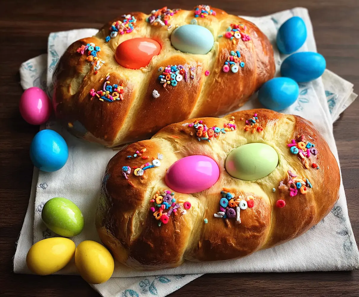 Decorative Italian Easter bread topped with colorful eggs, perfect for celebrating spring festivities.