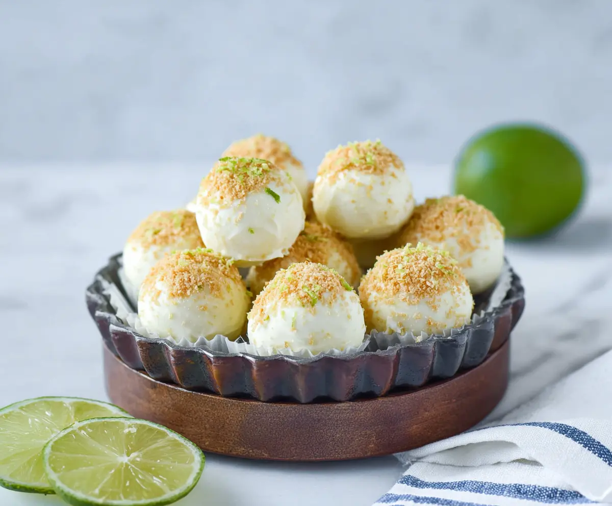 Delicious Key Lime Pie Truffles with a creamy lime filling and chocolate coating.