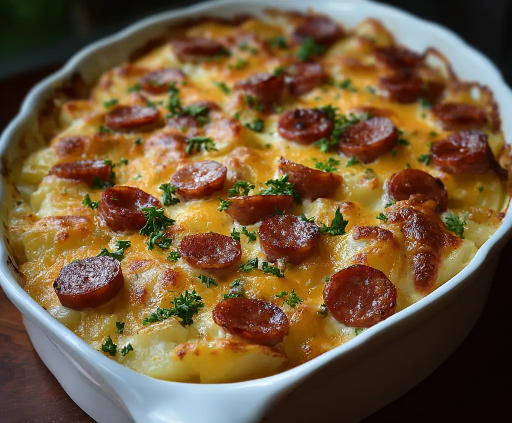 Delicious Kielbasa Sausage Cheesy Potato Casserole served in a baking dish with melted cheese and fresh herbs.