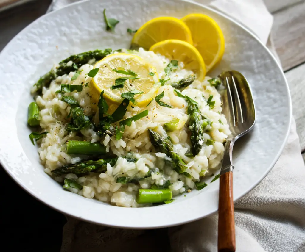 Creamy Lemon Asparagus Risotto garnished with fresh herbs ready to serve