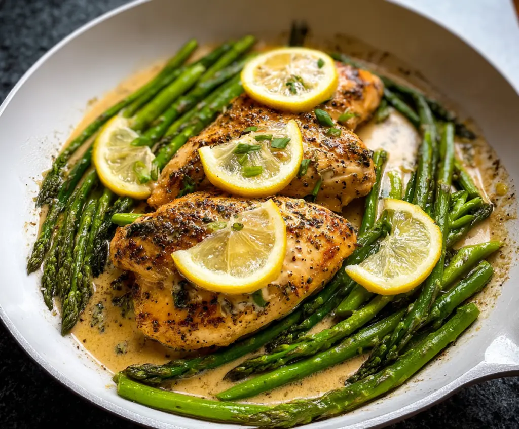 Delicious Lemon Chicken with Fresh Asparagus on a plate, garnished with lemon slices