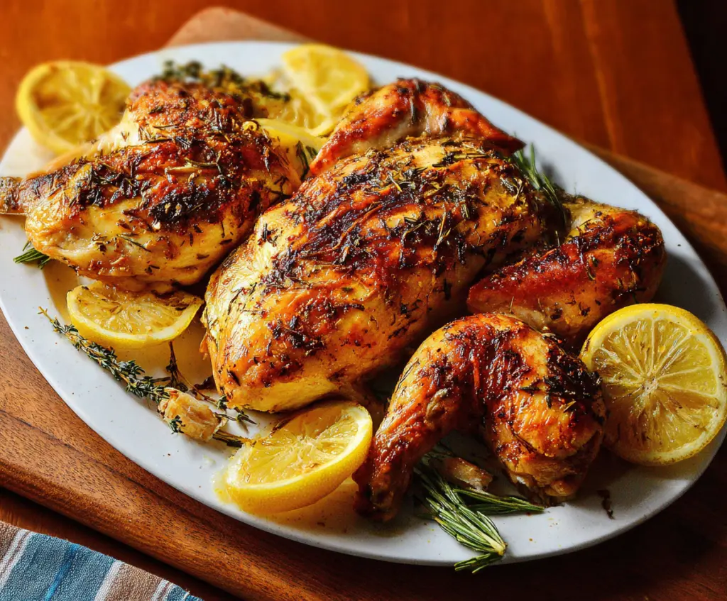 Juicy Lemon Herb Roasted Chicken served with fresh herbs and lemon slices on a white platter.