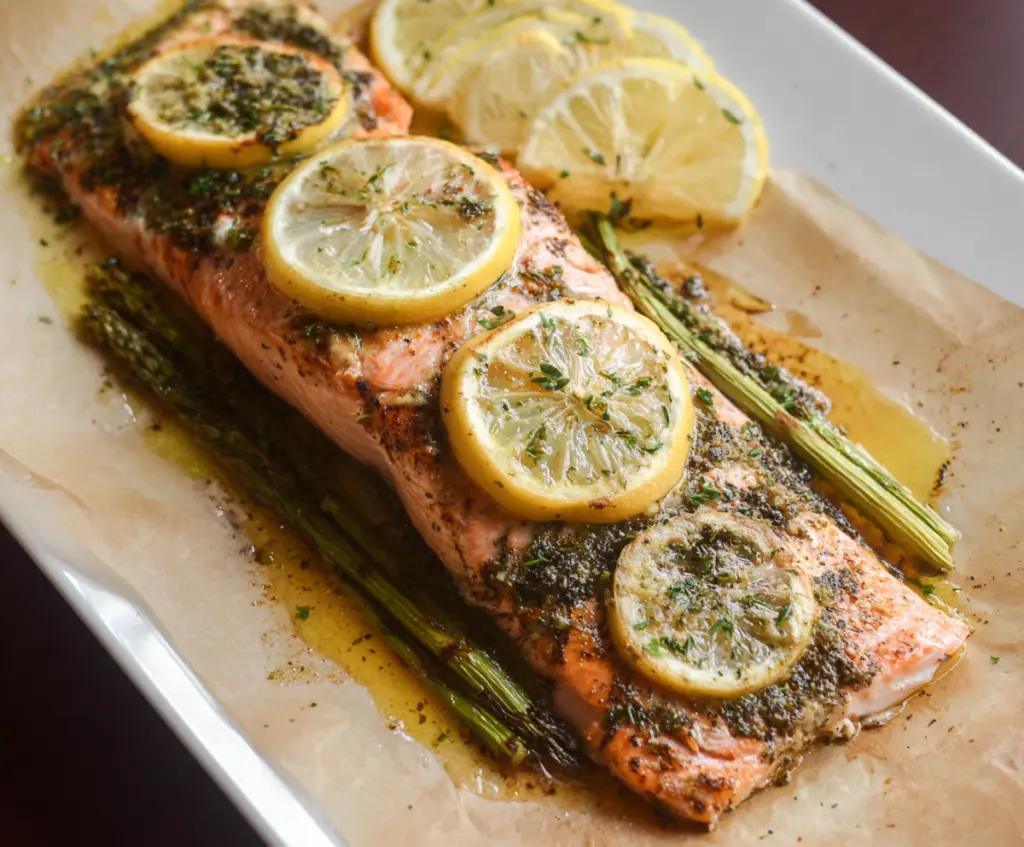 Delicious Lemon Herb Salmon fillet garnished with fresh herbs on a plate