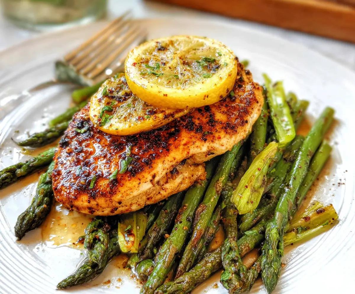 Juicy Lemon Pepper Chicken served with fresh asparagus on a white plate, highlighting a delicious and healthy meal.