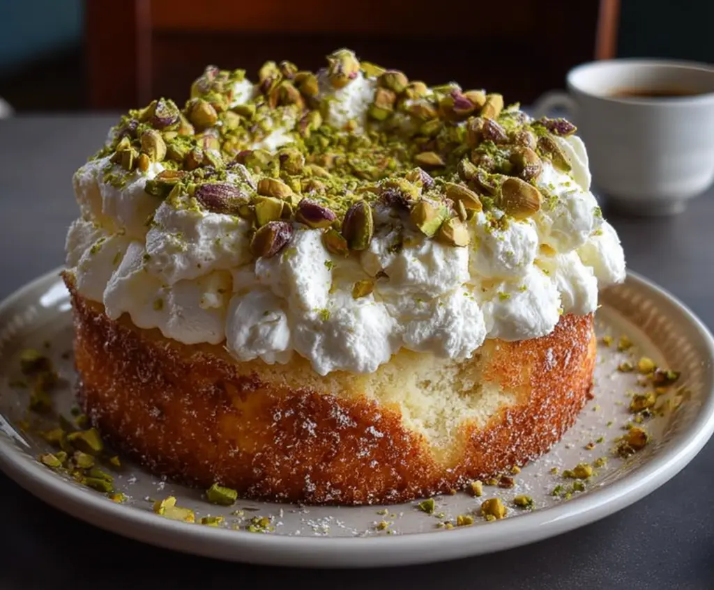 Delicious Lemon Pistachio Ricotta Cloud Cake topped with fresh pistachios and lemon zest.
