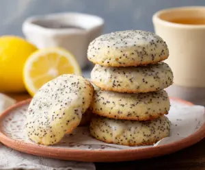 Fresh lemon poppy seed cookies on a white plate, showcasing golden-brown edges and a sprinkle of poppy seeds.