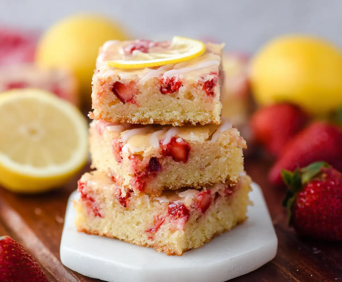 Delicious lemon strawberry blondies with fresh strawberries and zesty lemon topping.