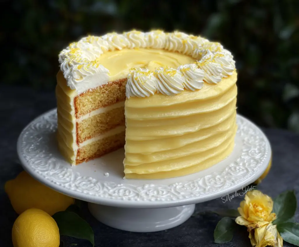 Delicious Lemon Velvet Cake with a smooth lemon-flavored frosting and a moist, fluffy interior displayed on a decorative plate