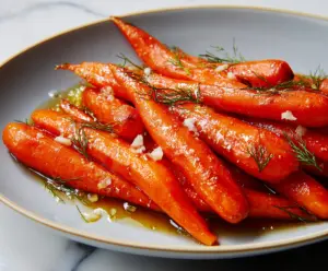 Delicious maple glazed carrots with a shiny caramelized coating on a white plate