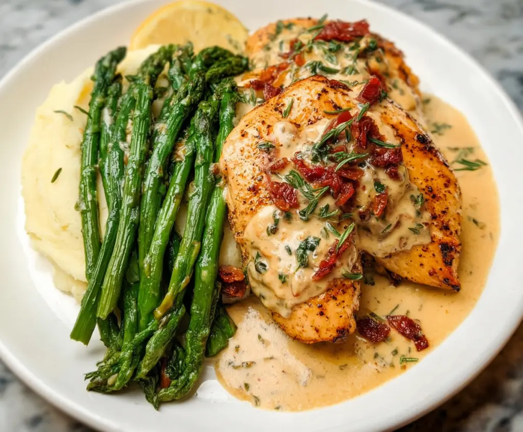 Delicious Marry Me Chicken served with fresh asparagus on a white plate.