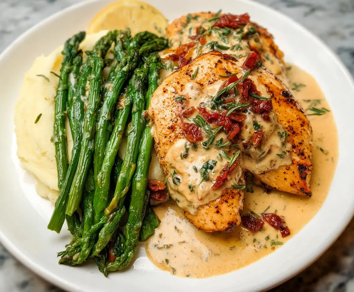 Delicious Marry Me Chicken served with fresh asparagus on a white plate.