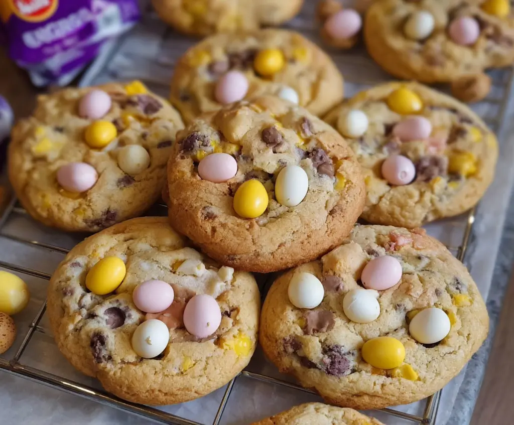 Delicious mini egg cookies with colorful chocolate eggs on top