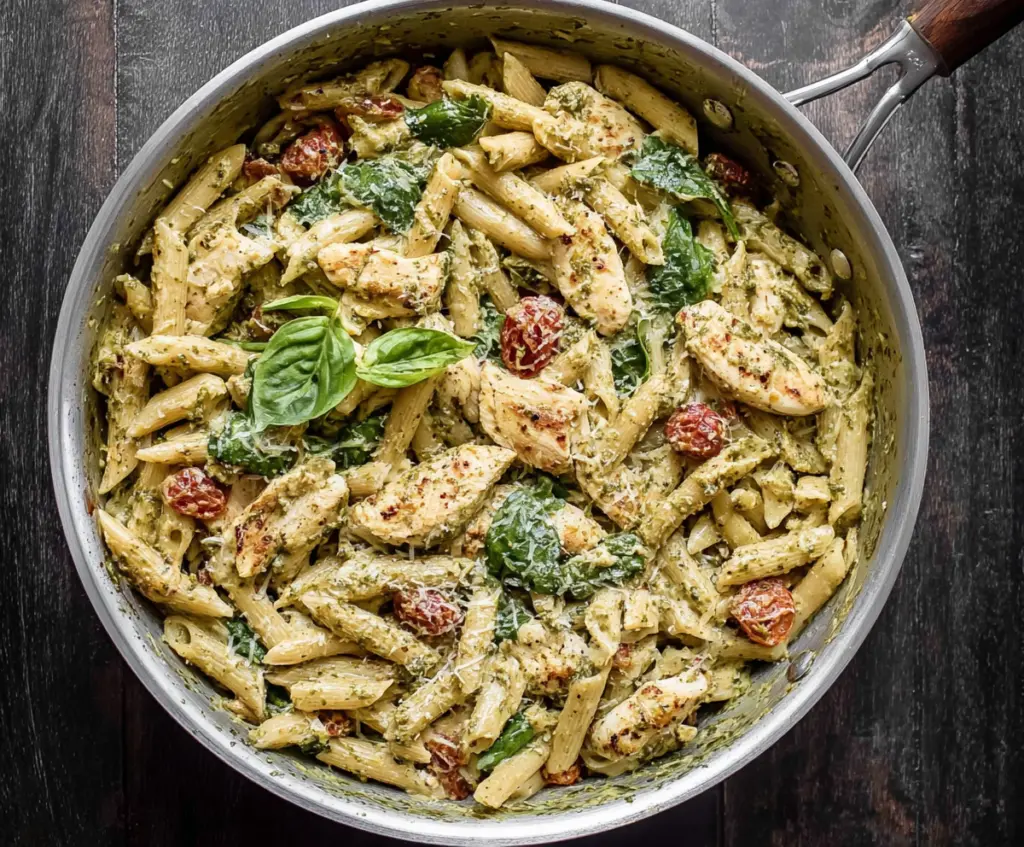 Delicious one-pan pesto chicken pasta with fresh basil and melted cheese served on a white plate