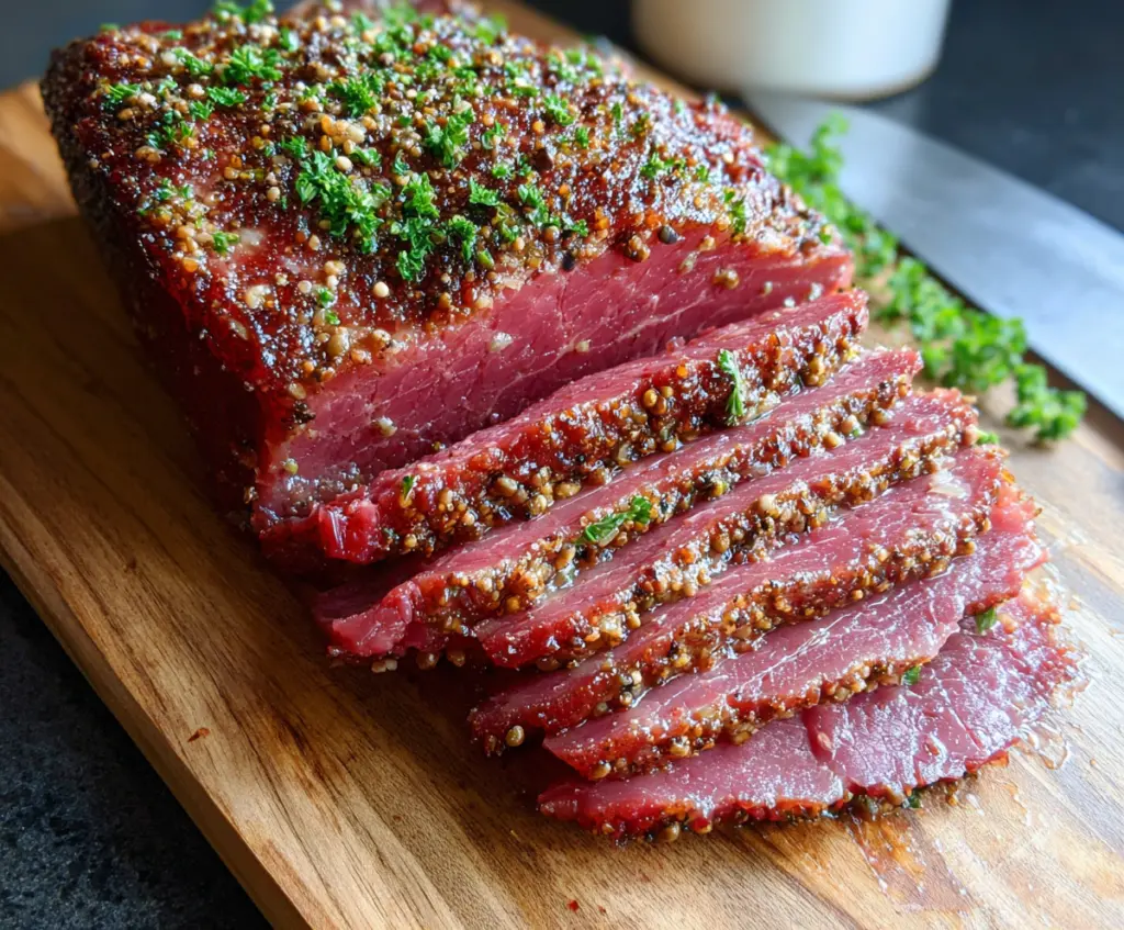 Delicious oven roasted corned beef with crispy edges on a cutting board