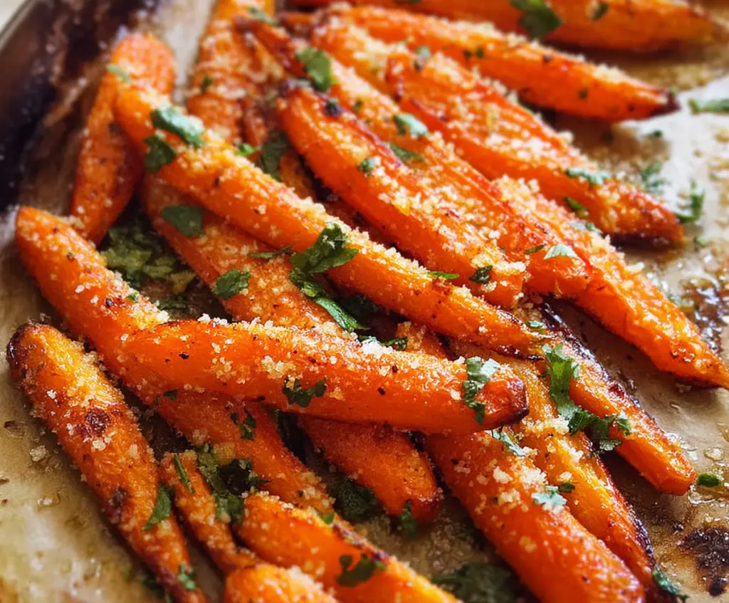Delicious Parmesan Garlic Roasted Carrots served as a healthy side dish.