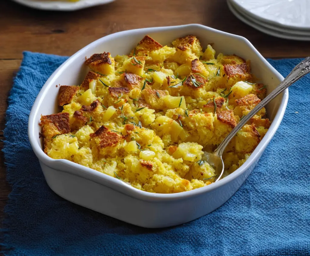 Delicious pineapple stuffing served in a bowl, perfect for holiday dinners.