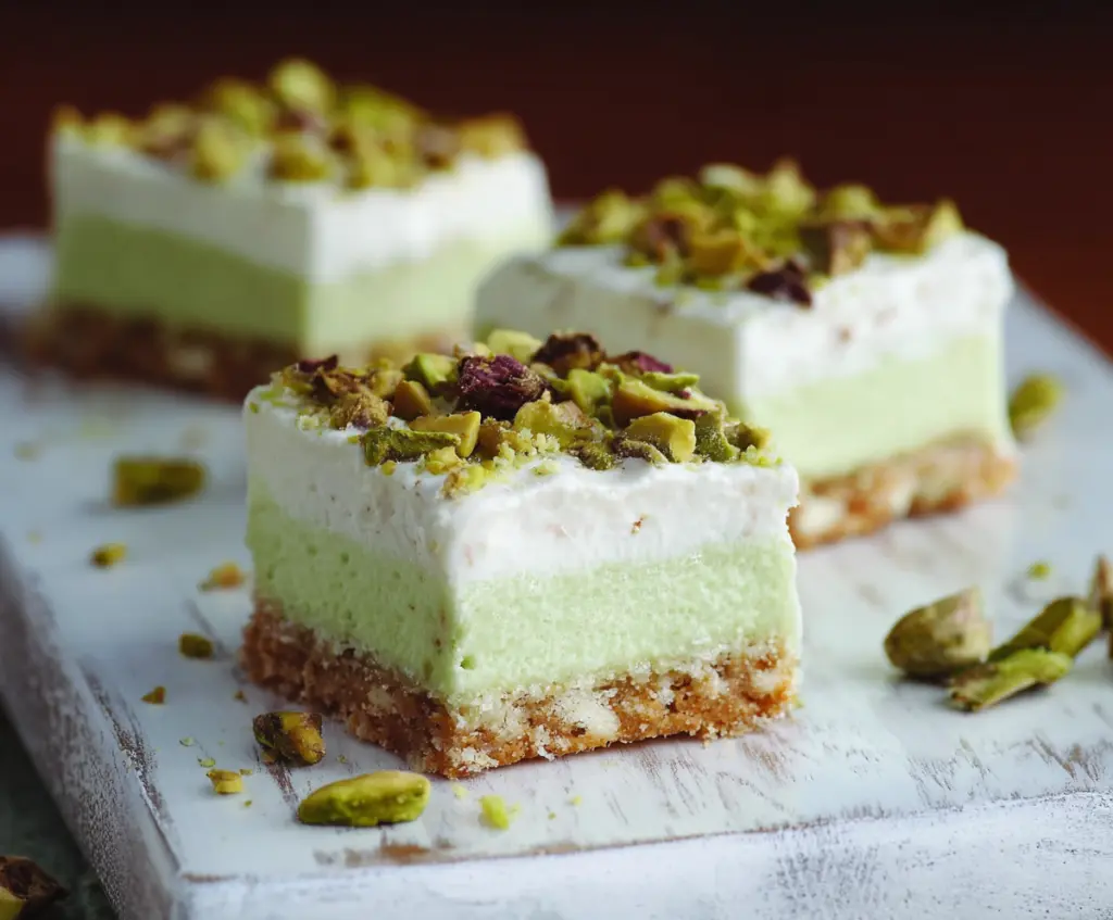 Delicious pistachio cream bars with a rich, creamy texture and vibrant green color, perfect for a sweet treat.
