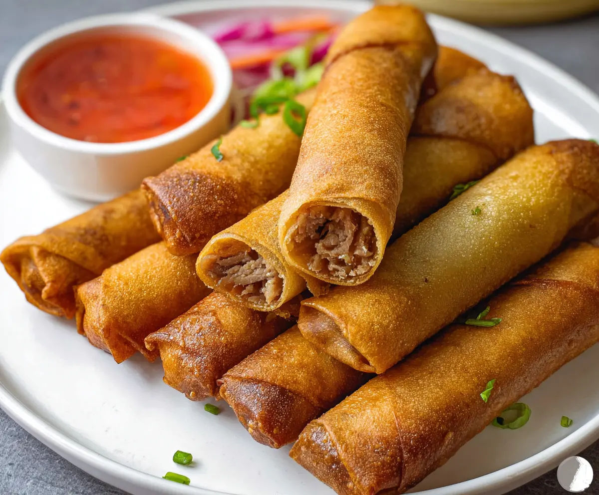 Crispy pork lumpia served with dipping sauce on a white plate, perfect for appetizers.