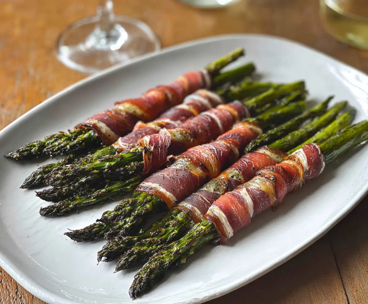 Delicious prosciutto wrapped asparagus spears, grilled to perfection for a savory appetizer.