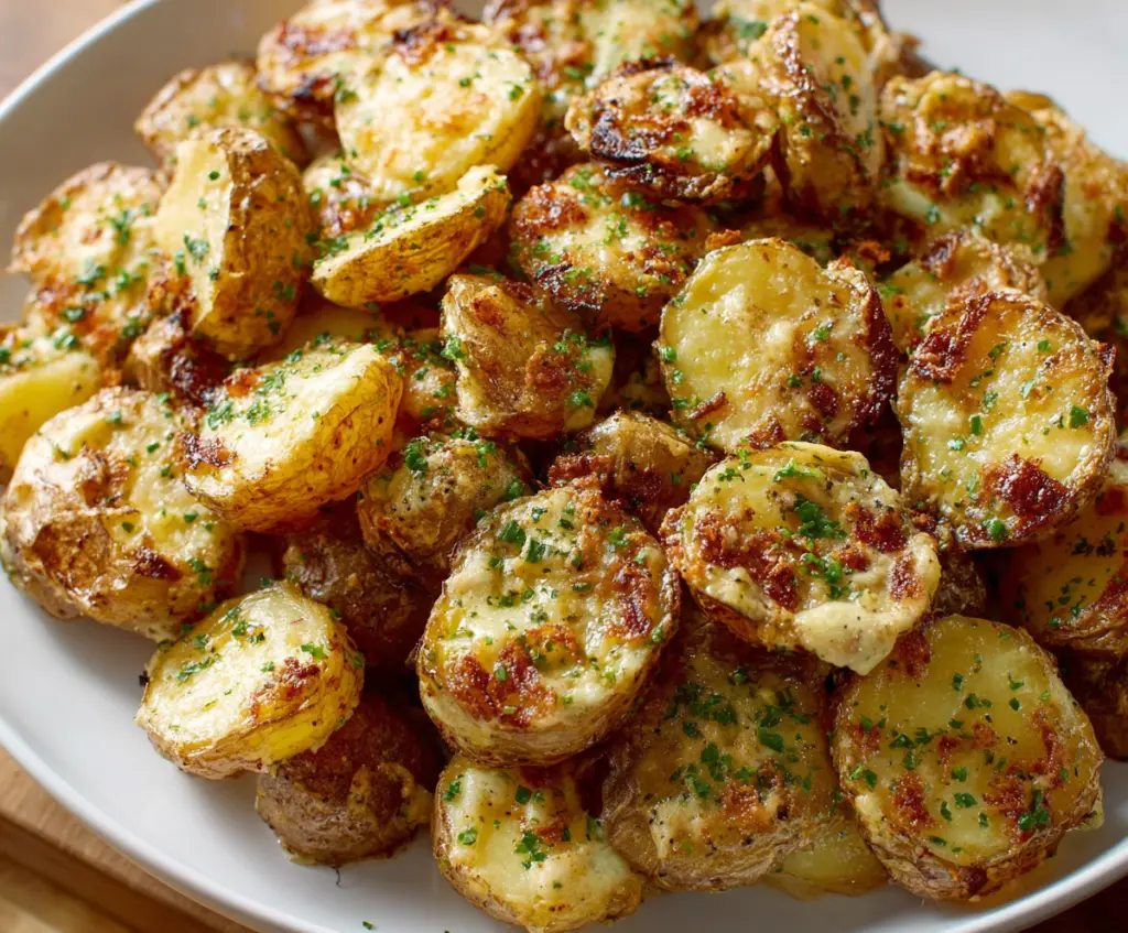 Crispy Ranch Potatoes garnished with fresh herbs on a white plate.