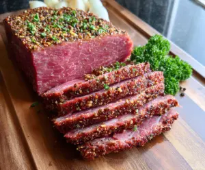 Juicy roasted corned beef served with crispy edges and tender inside, perfect for a hearty meal.