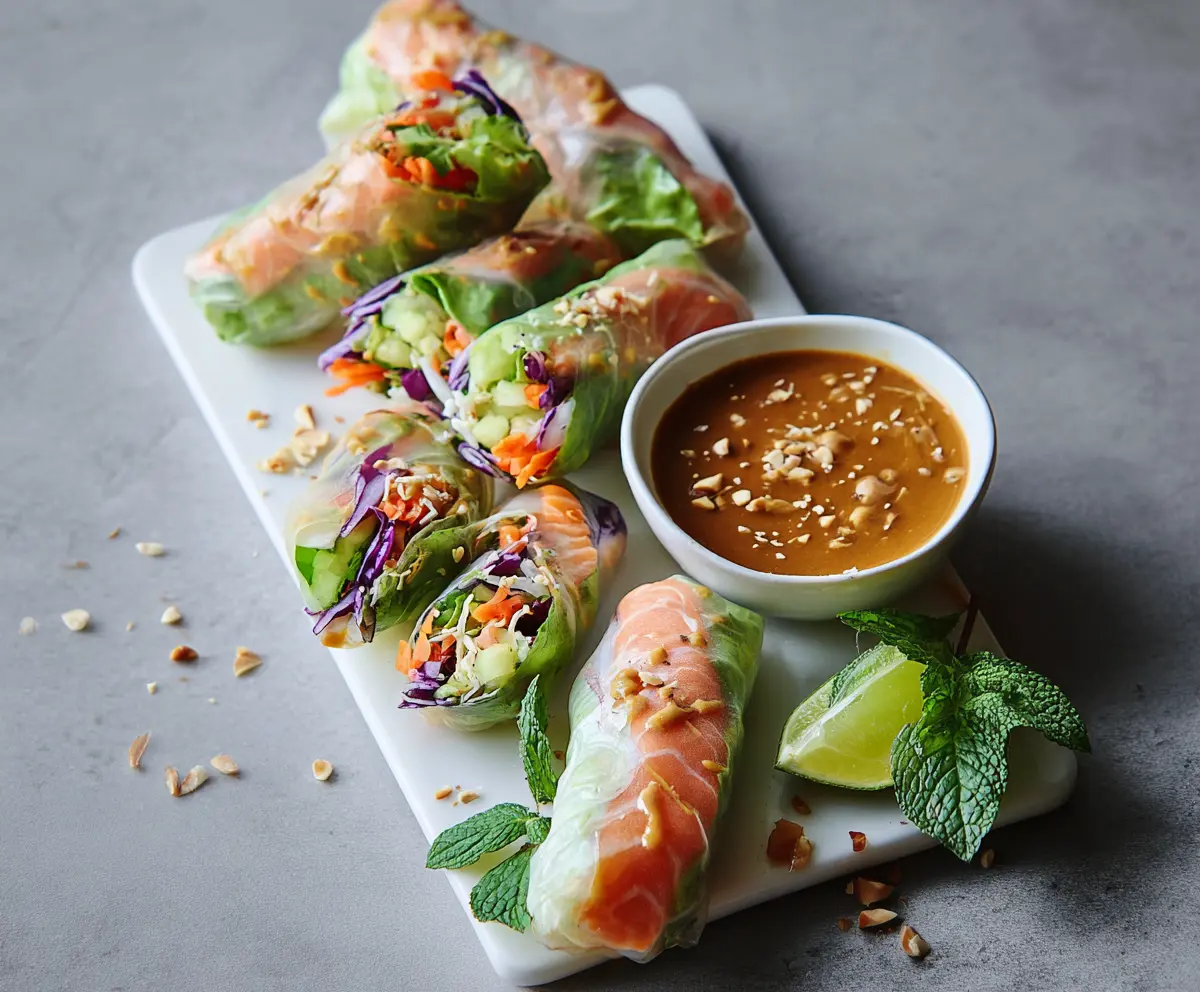 Fresh salmon spring rolls with vibrant vegetables and creamy peanut sauce on a white plate.