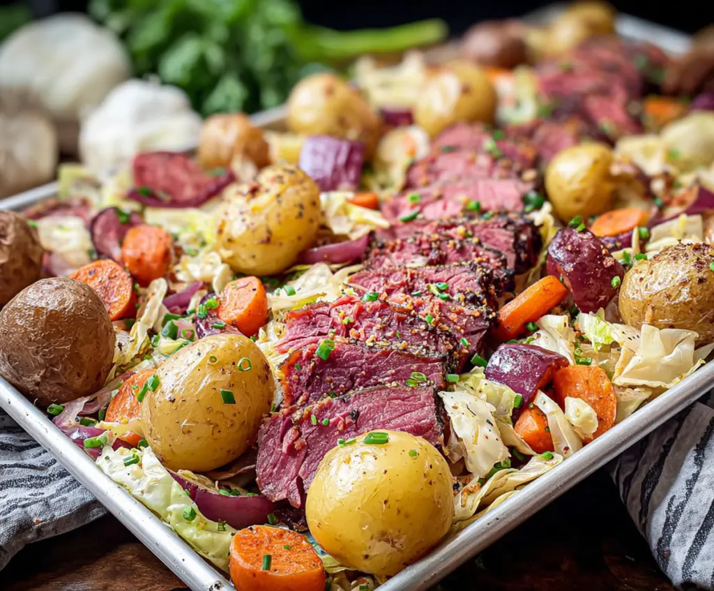 Delicious sheet pan corned beef and cabbage served with fresh vegetables for a hearty meal.