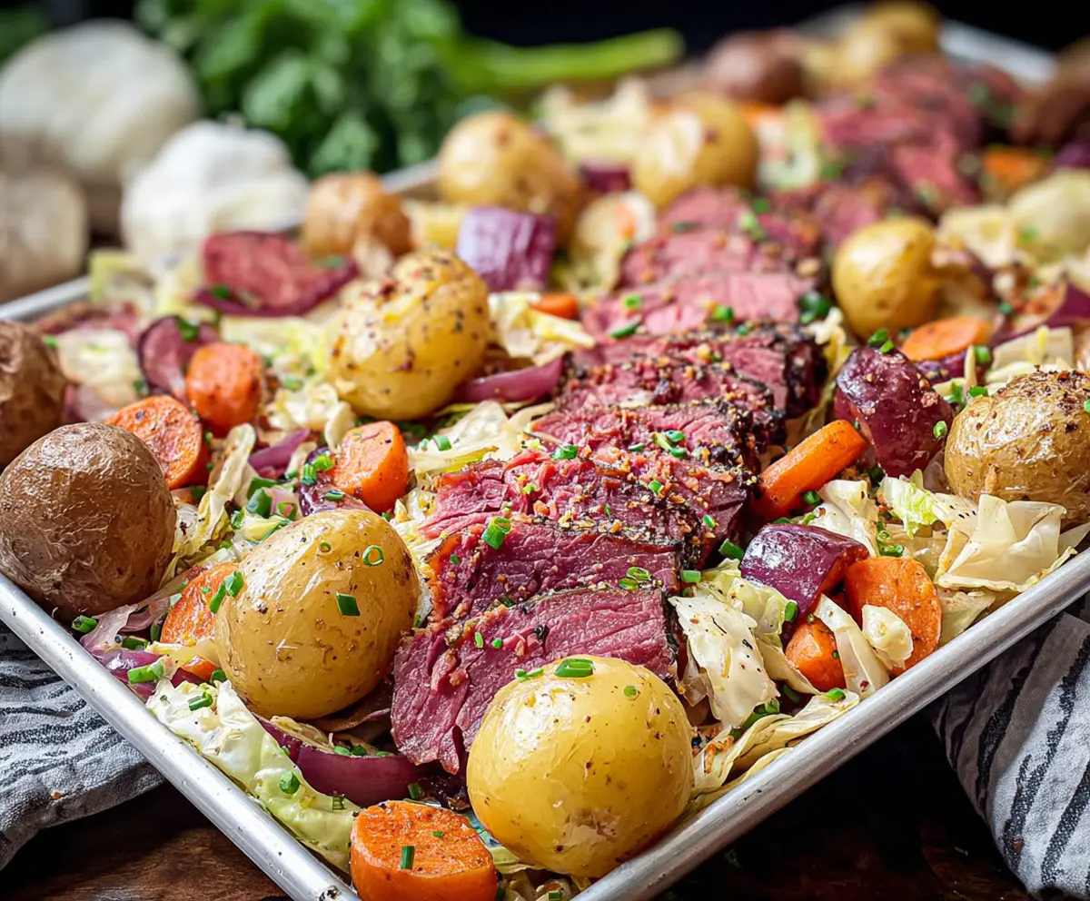 Delicious sheet pan corned beef and cabbage served with fresh vegetables for a hearty meal.