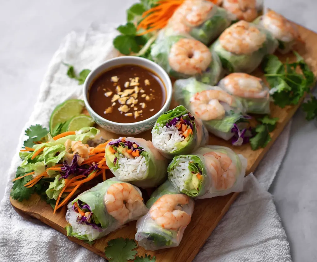 Delicious shrimp rice paper rolls with fresh vegetables and herbs, perfect for a healthy appetizer.