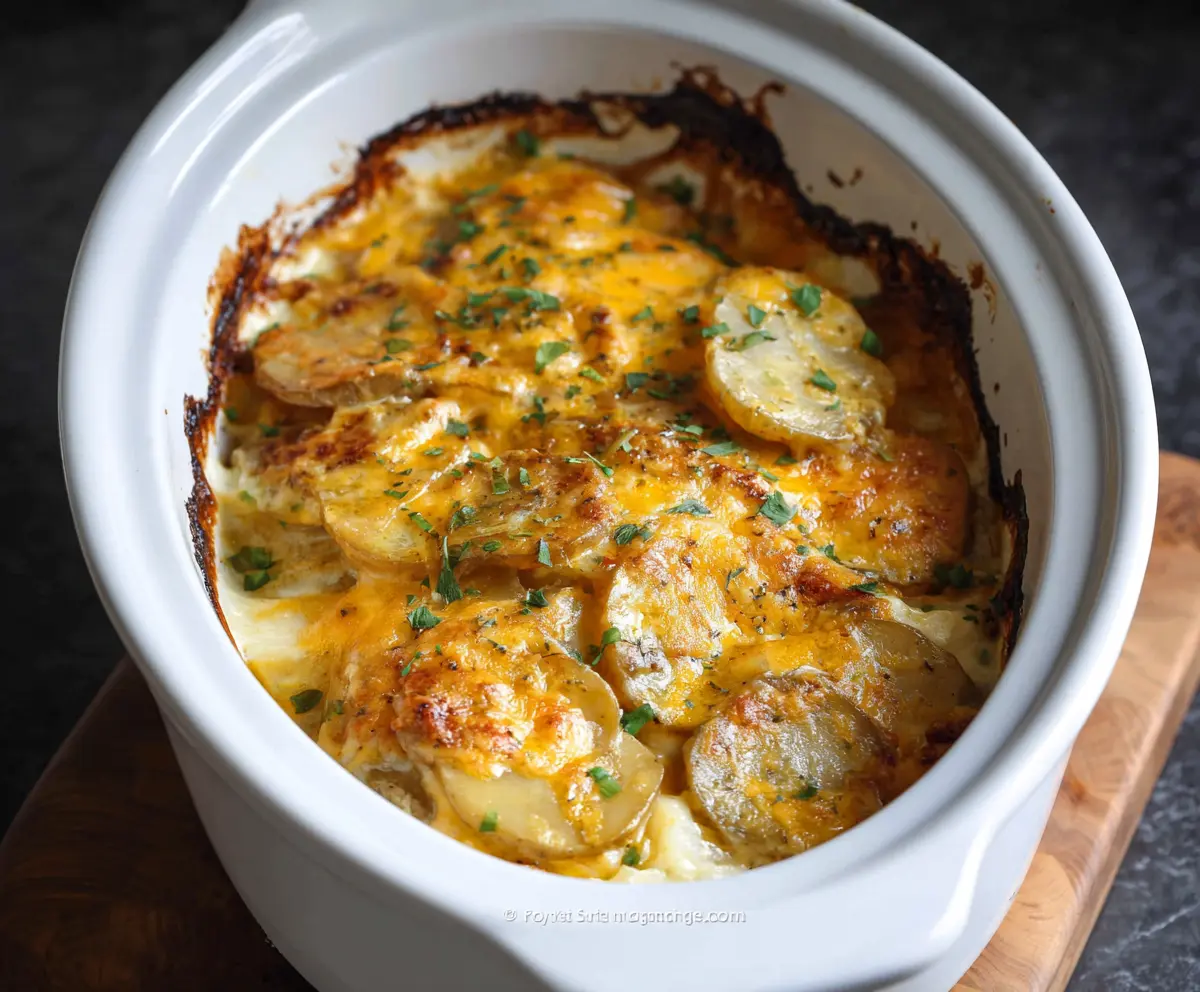 Creamy slow cooker scalloped potatoes with melted cheese and crispy edges, served as a comforting side dish.