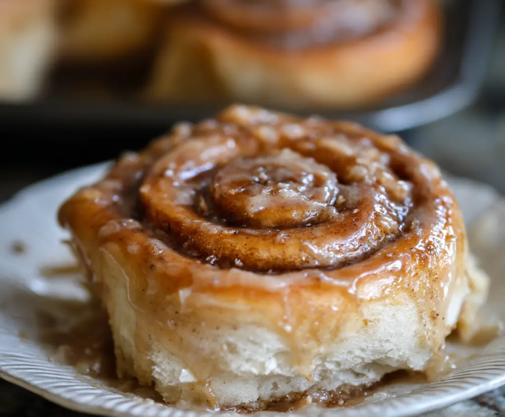 Delicious sourdough apple cider cinnamon rolls fresh out of the oven with a golden brown crust.