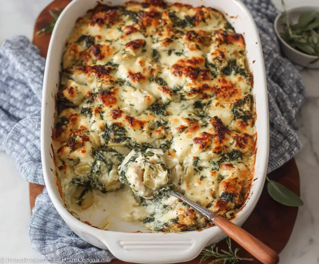 Delicious Spinach Artichoke Chicken Casserole served hot, showcasing creamy spinach and artichokes topped with golden baked chicken.