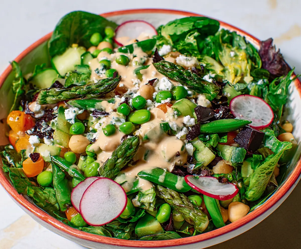 Fresh spring chopped salad with vibrant vegetables and herbs in a clear glass bowl.