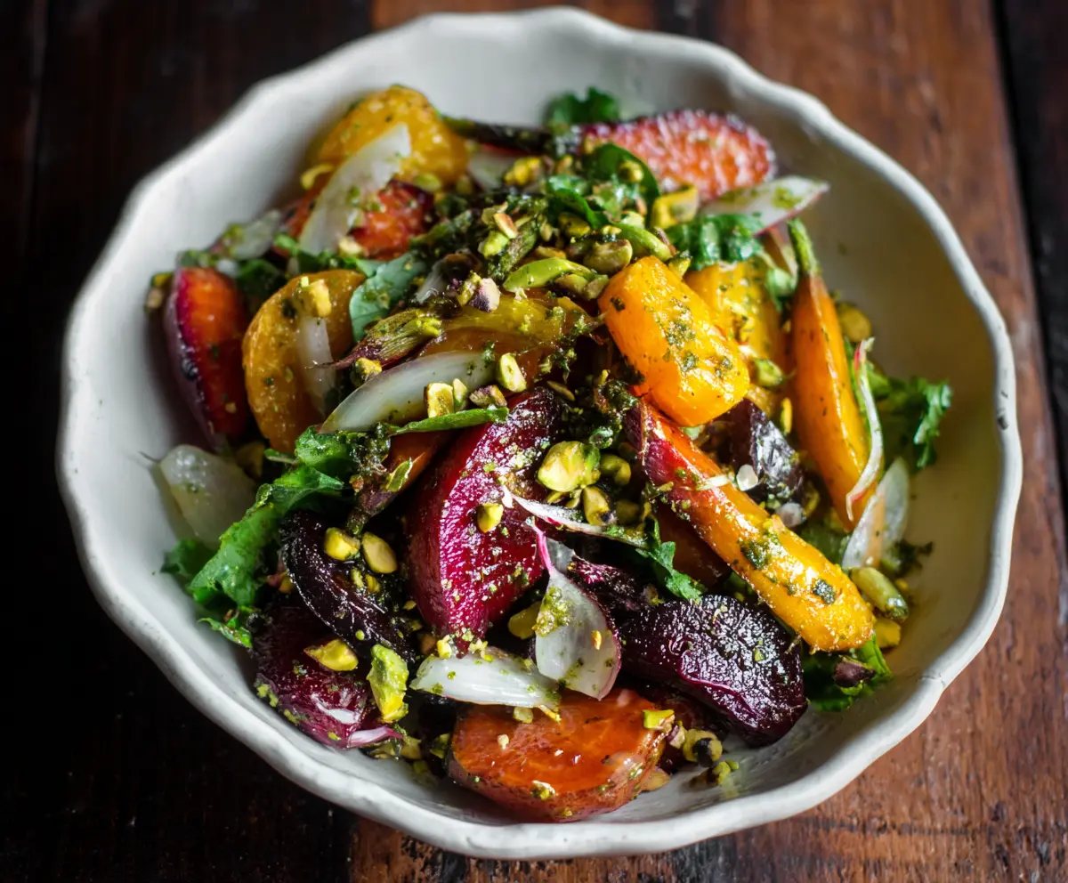 Spring root vegetable salad with colorful seasonal vegetables and pistachio vinaigrette.