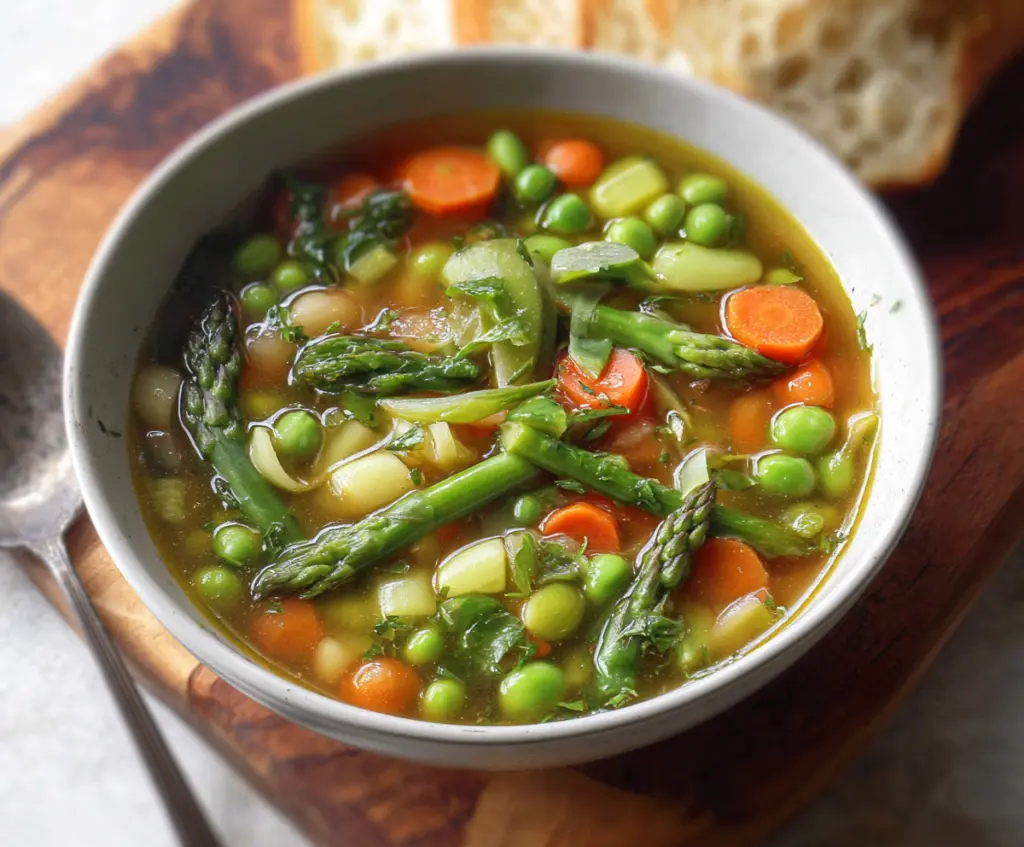 Fresh spring vegetable soup with colorful carrots, peas, and asparagus in a white bowl, perfect for healthy eating.