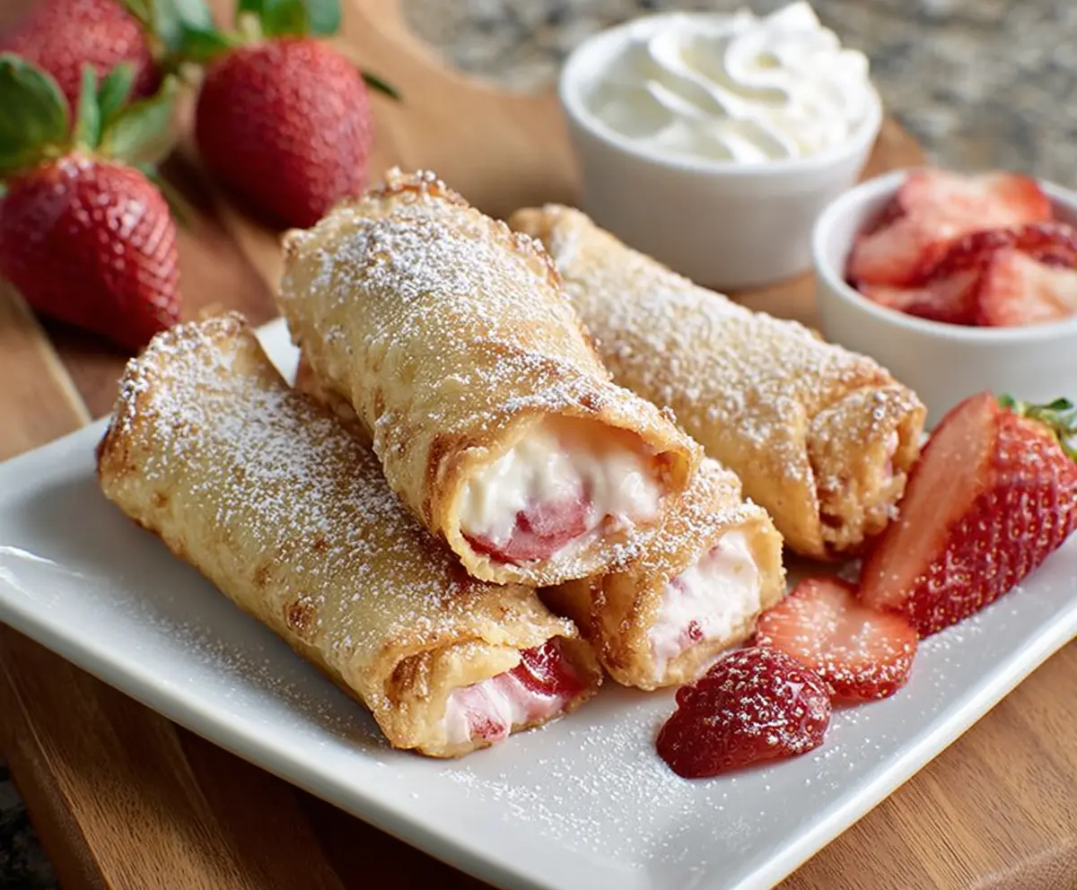 Delicious strawberry cheesecake egg rolls with a crispy exterior and creamy filling on a serving plate.