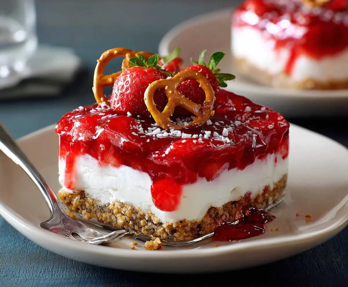 Delicious Strawberry Pretzel Dessert with a layered look of strawberries, pretzels, and creamy topping