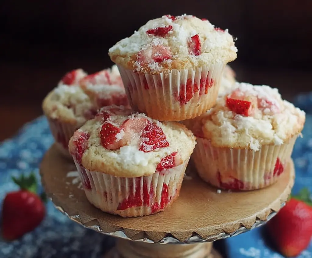 Delicious strawberry shortcake muffins topped with fresh strawberries and whipped cream.