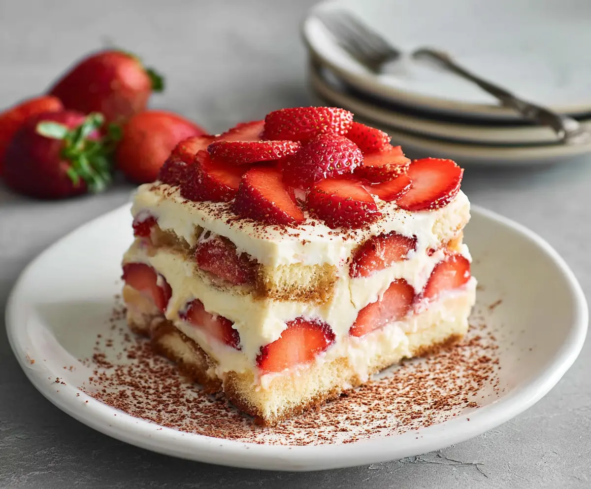 Delicious strawberry tiramisu dessert with fresh strawberries and creamy mascarpone layers.