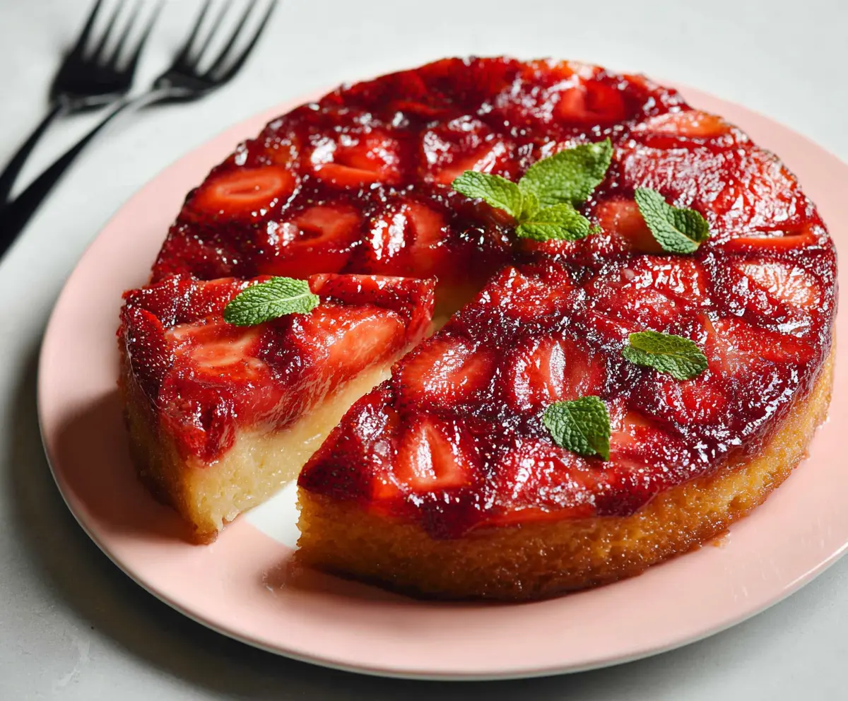 Delicious strawberry upside down cake with fresh strawberries and caramelized topping.
