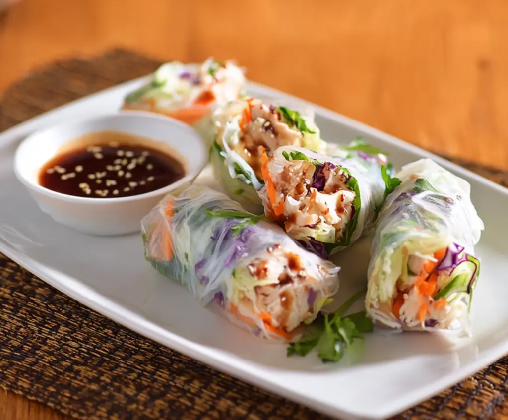 Delicious teriyaki chicken rice paper rolls filled with fresh vegetables and tender chicken.