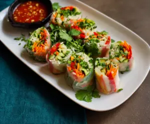 Fresh Thai vegetable spring rolls filled with colorful veggies and herbs, perfect for healthy snacking.