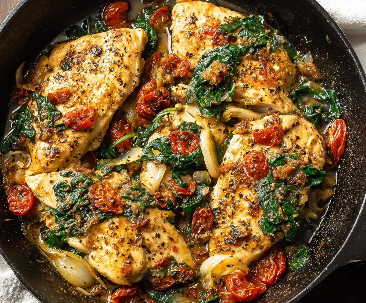 Creamy Tuscan Chicken Skillet with spinach and sun-dried tomatoes served on a rustic plate.
