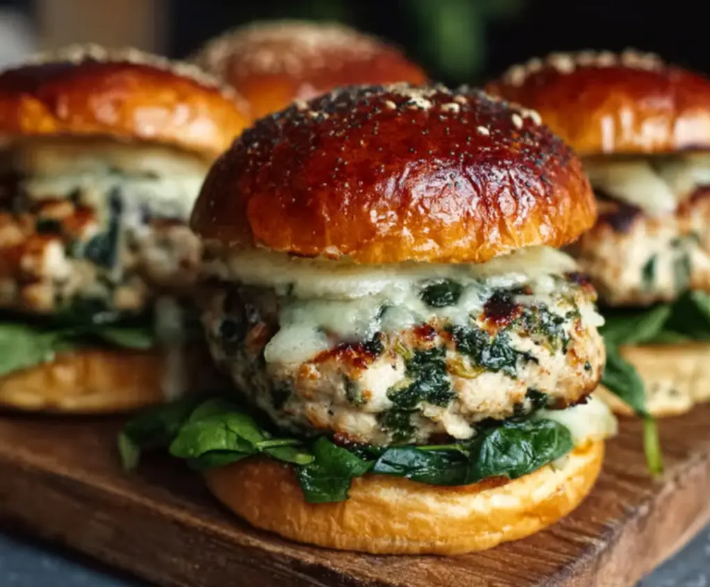 Delicious white cheddar spinach chicken burgers served with fresh toppings on a plate.