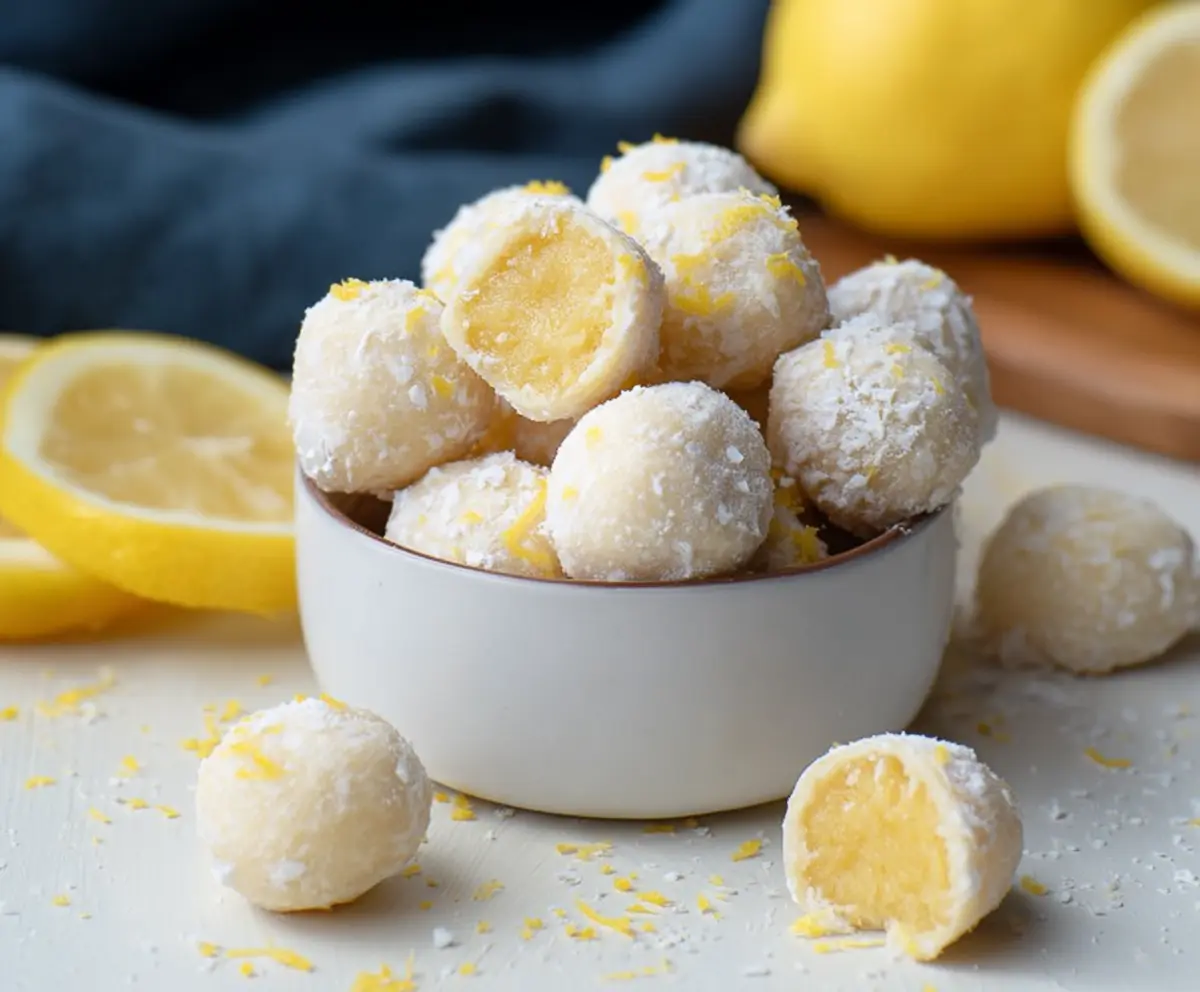 Delicious white chocolate lemon truffles garnished with lemon zest on a elegant white plate